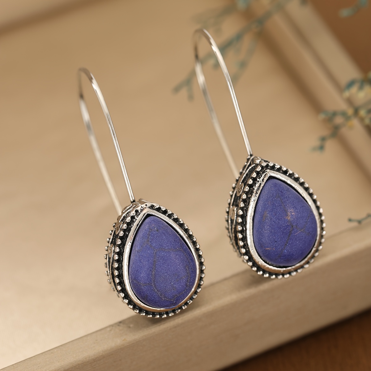 Women's Bohemian Teardrop Pendant Earrings with Blue Main Stone